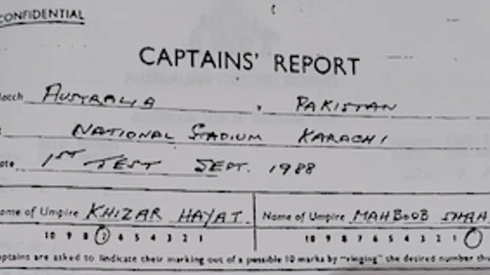 Rapport du capitaine d'Allan Border sur le tristement célèbre test de Karachi de 1988. 