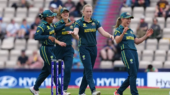 L'Australie célèbre un guichet lors de sa victoire de 98 points contre les Pays-Bas.