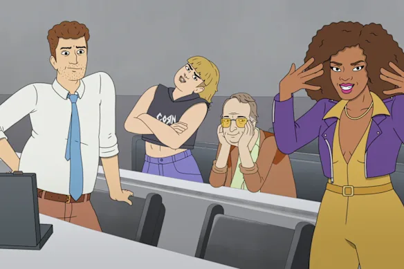 Les personnages de Strip Law sont exprimés par Adam Scott, Shannon Gisela, Stephen Root et Janelle James.