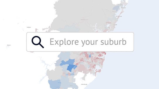 Tableau des taux de fécondité en baisse. Sydney colorée par les taux de fécondité, zoomant avec 