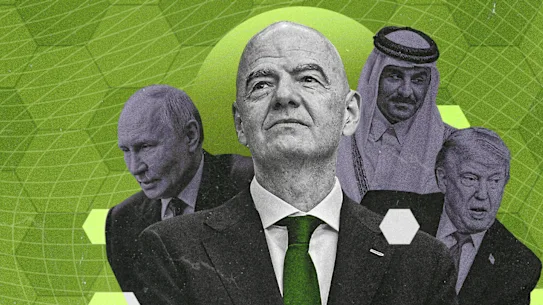 Le président de la FIFA, Gianni Infantino, le président russe Vladimir Poutine, l'émir du Qatar, Cheikh Tamim bin Hamad Al Thani, et le président américain Donald Trump.