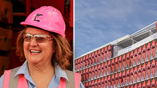 Gina Rinehart et une impression d'artiste du siège social de Hancock Prospecting à West Perth, d'une valeur de 270 millions de dollars.