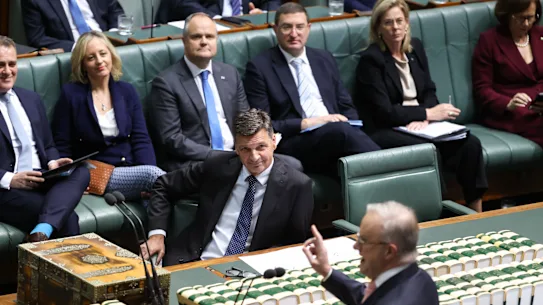 Le chef de l'opposition Angus Taylor et le Premier ministre Anthony Albanese lors de l'heure des questions jeudi.