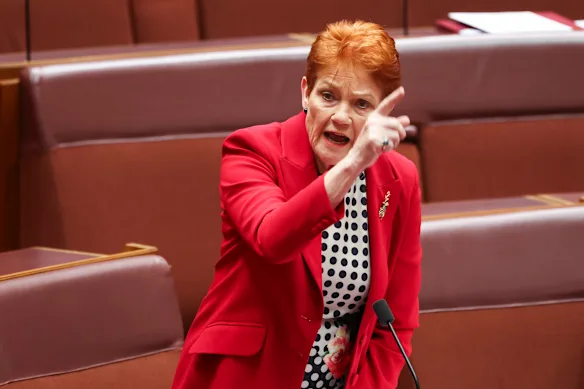 La sénatrice Pauline Hanson, leader de One Nation, au Sénat, au Parlement de Canberra, le mardi 11 août 2026.