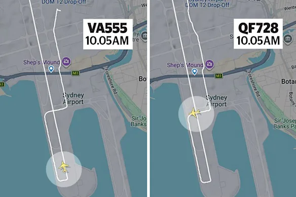 Flightradar24 montre le Virgin 737 commençant son décollage alors que le Qantas 737 traverse la piste 34L de l'aéroport de Sydney. 