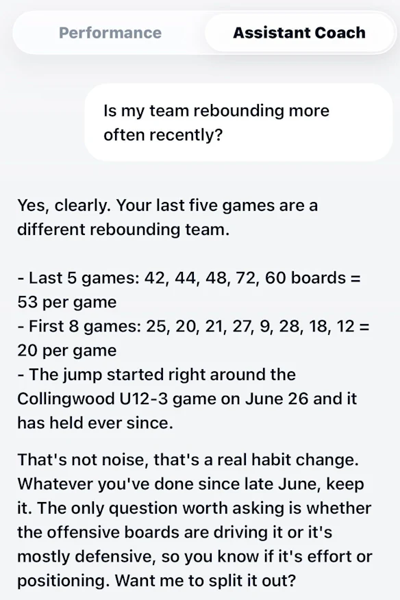 Un exemple de l'outil de coaching IA de Superstat. 