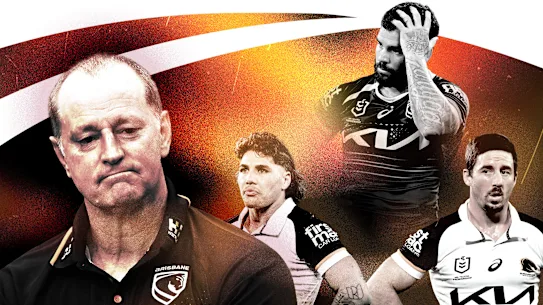 L'entraîneur des Brisbane Broncos Michael Maguire et les joueurs Reece Walsh, Adam Reynolds et Ben Hunt.