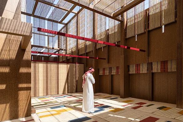 Des dessins, des films et des fragments architecturaux d'une mosquée pavillon créée à partir de tailles de palmiers dattiers sont inclus dans l'exposition NGV.