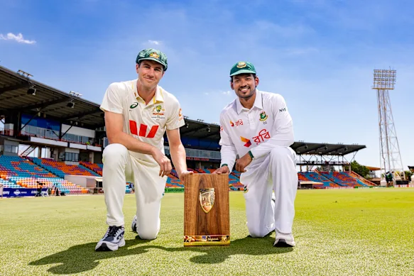Le capitaine australien Pat Cummins et son homologue bangladais Najm ul Shanto font la promotion du test qui débute jeudi à Darwin.