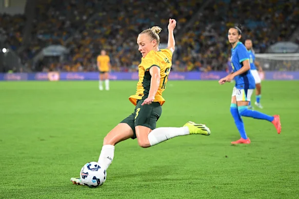 Tameka Yallop lors d'un match international amical entre les Matildas et le Brésil au Cbus Super Stadium de Gold Coast.