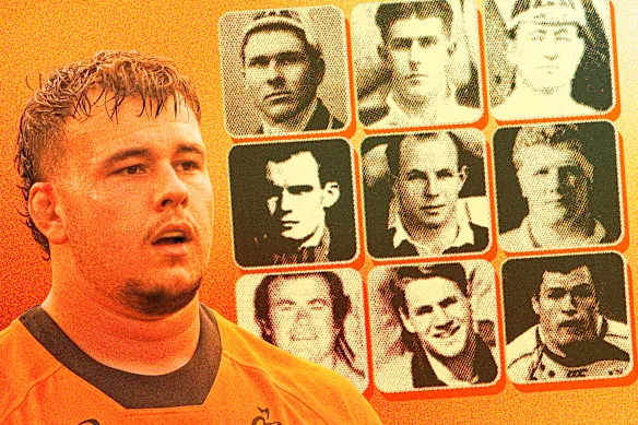 Le futur joueur n°1000 des Wallabies, Massimo de Lutiis, et d'autres « centurions » des Wallabies qui l'ont précédé.