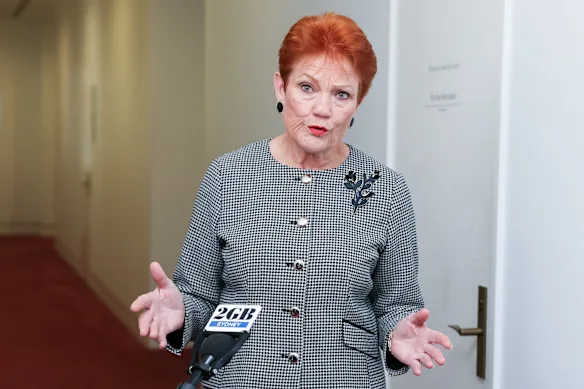 La dirigeante de One Nation, Pauline Hanson, s'est adressée aux journalistes au Parlement de Canberra, mercredi.