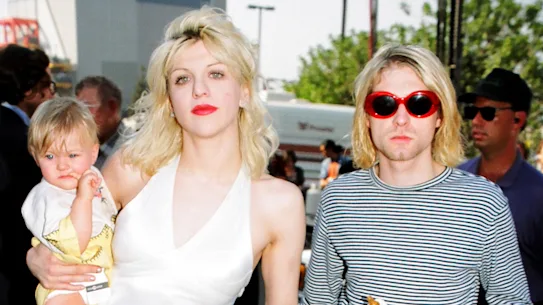 Courtney Love, Frances Bean Cobain, Kurt Cobain de Nirvana, en 1993.
