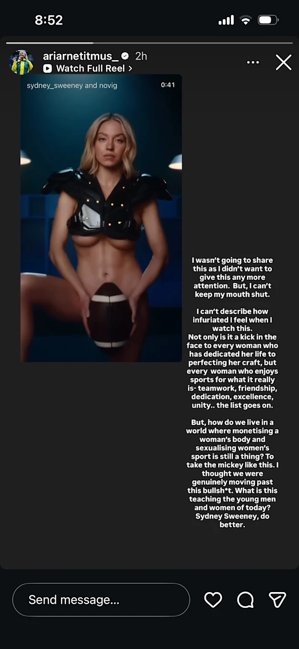 Réponse Instagram d'Ariarne Titmus à la campagne publicitaire de Sydney Sweeney.