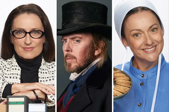 Goergie Parker dans le rôle de Jenny Hocking, Tim Minchin dans le rôle d'Ebenezer Scrooge et Celeste Barber dans le rôle de sœur Elizabeth Donderstock.