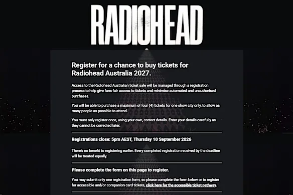 Une capture d'écran de la page d'inscription de Radiohead.