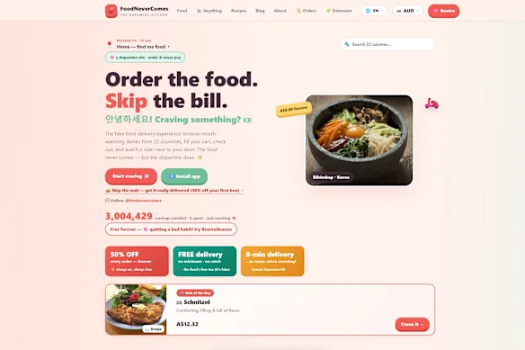 L'un des nombreux sites Web d'achat de dopamine, « FoodNeverComes ».