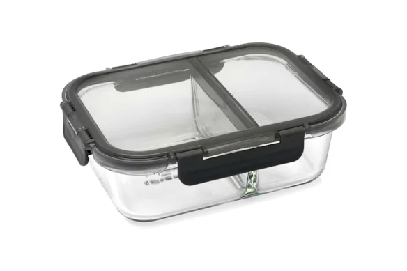 Récipients en verre borosilicate de stockage divisé pour la préparation des repas en Pyrex avec couvercle à verrouillage rapide.