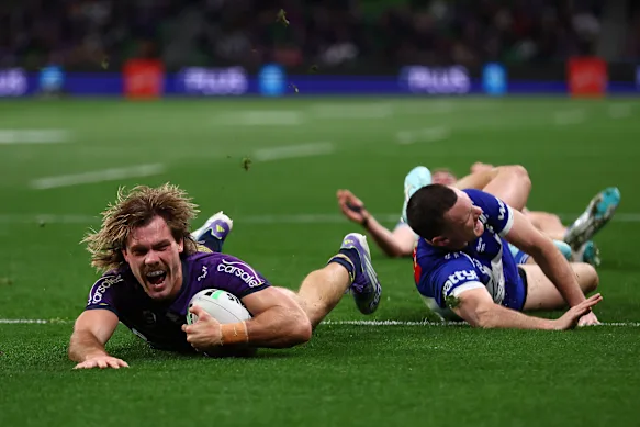 Ryan Papenhuyzen marque un essai contre les Bulldogs en 2025.