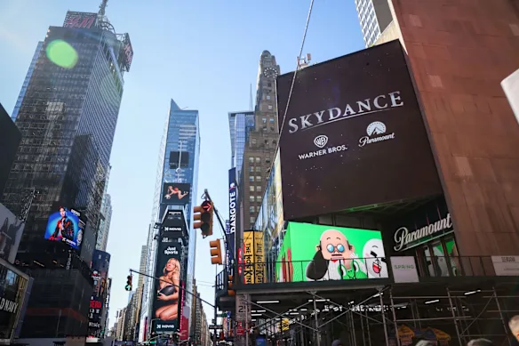 Signalisation Skydance à Times Square, New York, cette semaine.