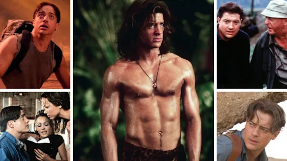 Brendan Fraser dans, dans le sens des aiguilles d'une montre, en partant du coin supérieur gauche, Voyage au centre de la Terre ; Georges de la Jungle ; L'Américain tranquille, avec Michael Caine ; La Momie : Tombeau de l'Empereur Dragon ; et Bedazzled, avec Elizabeth Hurley et Frances O'Connor.
