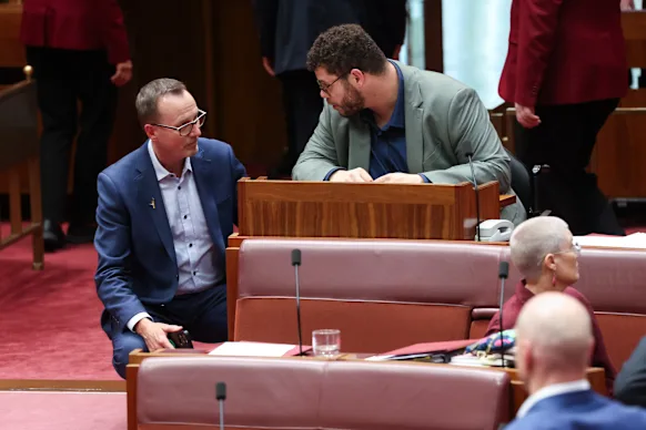 Le sénateur Jordan Steele-John discute avec le chef du parti David Shoebridge.