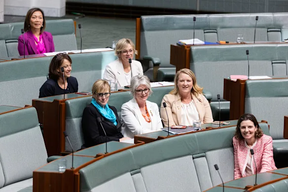 Helen Haines et Allegra Spender en 2022 avec leurs collègues députés indépendants Dai Le, Dr Sophie Scamps, Zali Steggall, Zoe Daniel et Kylea Tink. 