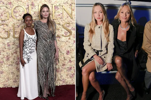 Angelina Jolie aux Golden Globes 2025 avec sa fille Zahara (à gauche), ainsi que Kate Moss et Lila Moss à la Fashion Week de Londres.