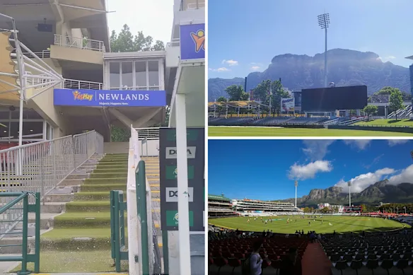 La passerelle menant aux vestiaires du terrain de cricket de Newlands à Cape Town (principal) et l'écran au sol (en haut à droite), tels qu'ils apparaissent aujourd'hui, et le terrain lors du test 2018 entre l'Afrique du Sud et l'Australie.