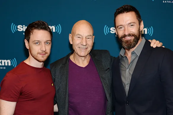 Acteurs James McAvoy, Patrick Stewart et Hugh Jackman de X-Men : Days Of Future Past, en 2014.