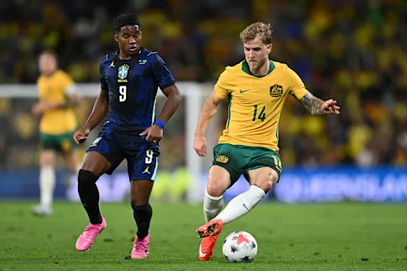 Riley McGree est revenu pour les Socceroos le mois dernier contre le Brésil.