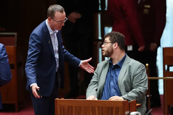 Le leader des Verts, le sénateur David Shoebridge, et le sénateur Jordon Steele-John au Sénat jeudi.